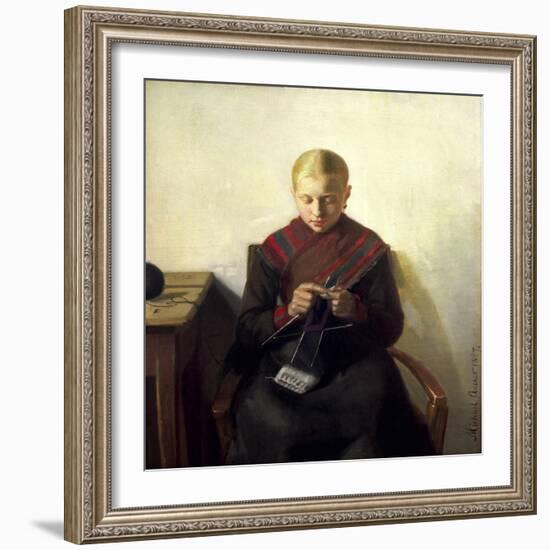 A Young Girl Knitting, Maren Brens, 1887-Michael Peter Ancher-Framed Giclee Print