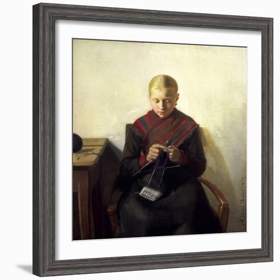 A Young Girl Knitting, Maren Brens, 1887-Michael Peter Ancher-Framed Giclee Print