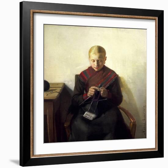 A Young Girl Knitting, Maren Brens, 1887-Michael Peter Ancher-Framed Giclee Print