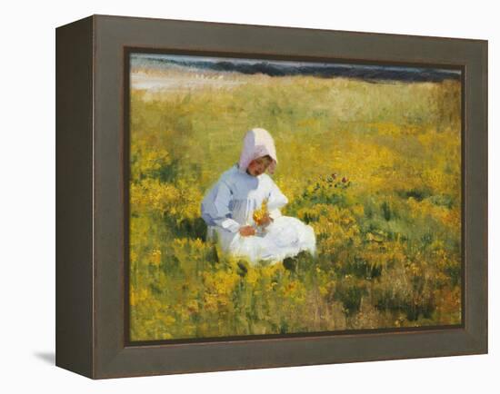 A Young Girl Picking Flowers-Marianne Stokes-Framed Premier Image Canvas