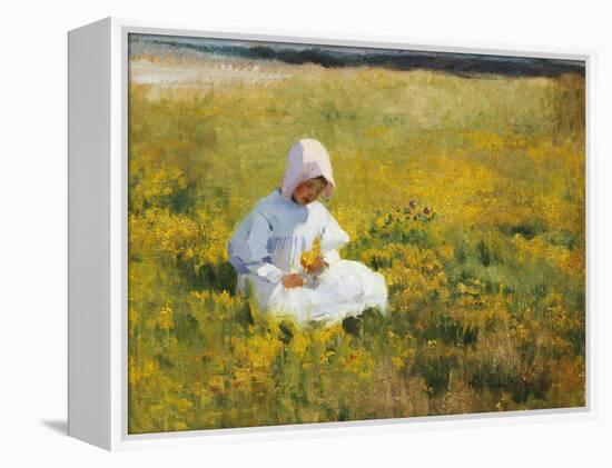 A Young Girl Picking Flowers-Marianne Stokes-Framed Premier Image Canvas