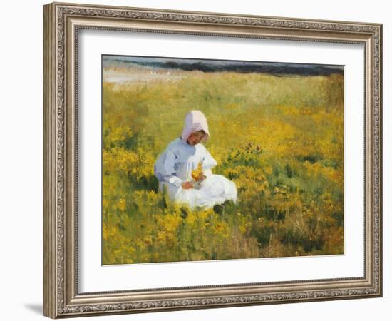 A Young Girl Picking Flowers-Marianne Stokes-Framed Giclee Print