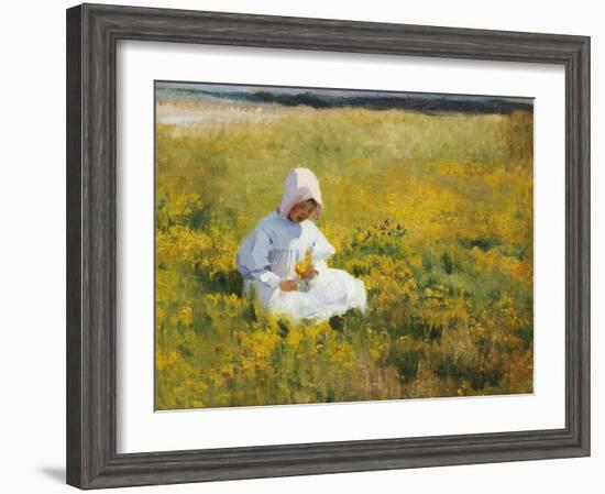 A Young Girl Picking Flowers-Marianne Stokes-Framed Giclee Print