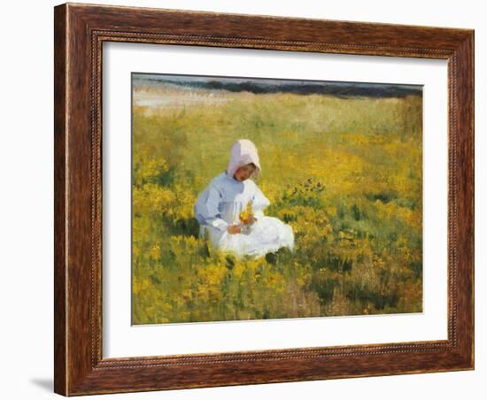 A Young Girl Picking Flowers-Marianne Stokes-Framed Giclee Print