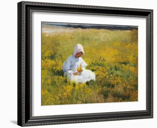 A Young Girl Picking Flowers-Marianne Stokes-Framed Giclee Print
