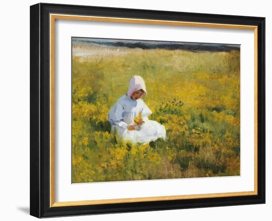 A Young Girl Picking Flowers-Marianne Stokes-Framed Giclee Print