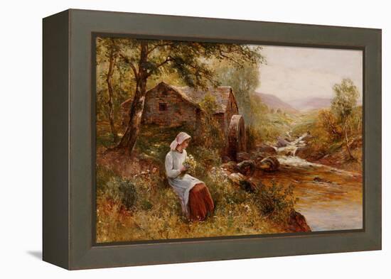 A Young Girl Picking Spring Flowers-John Brett-Framed Premier Image Canvas