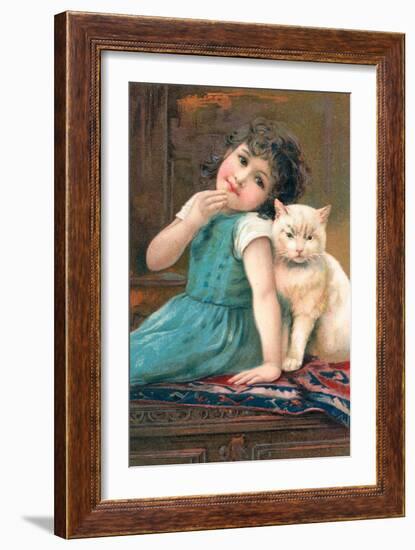 A Young Girl Posing with a Cat-null-Framed Giclee Print