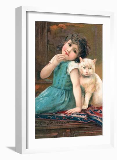 A Young Girl Posing with a Cat-null-Framed Giclee Print