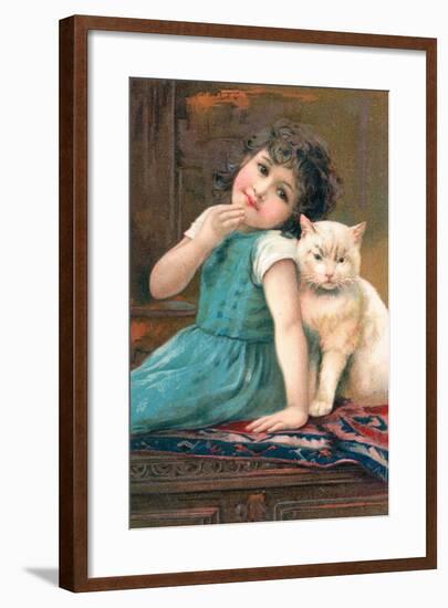 A Young Girl Posing with a Cat-null-Framed Giclee Print