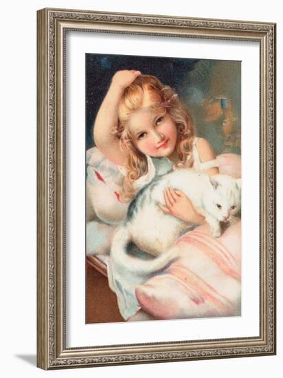 A Young Girl Posing with a Cat-null-Framed Giclee Print