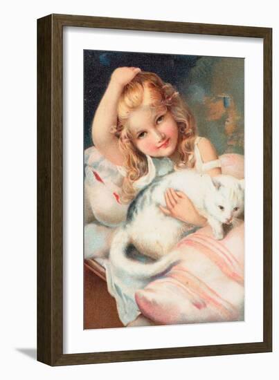 A Young Girl Posing with a Cat-null-Framed Giclee Print