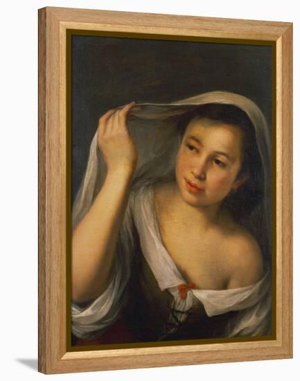 A Young Girl Raising Her Veil Half Length Wearing a Green, Laced Bodice over a White Shirt-Bartolome Esteban Murillo-Framed Premier Image Canvas