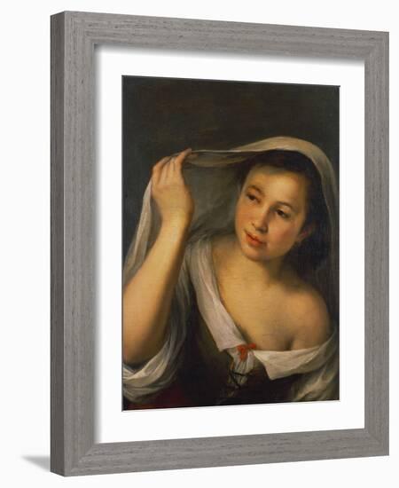 A Young Girl Raising Her Veil Half Length Wearing a Green, Laced Bodice over a White Shirt-Bartolome Esteban Murillo-Framed Giclee Print