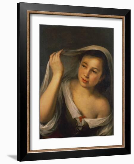 A Young Girl Raising Her Veil Half Length Wearing a Green, Laced Bodice over a White Shirt-Bartolome Esteban Murillo-Framed Giclee Print