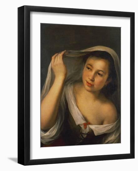 A Young Girl Raising Her Veil Half Length Wearing a Green, Laced Bodice over a White Shirt-Bartolome Esteban Murillo-Framed Giclee Print