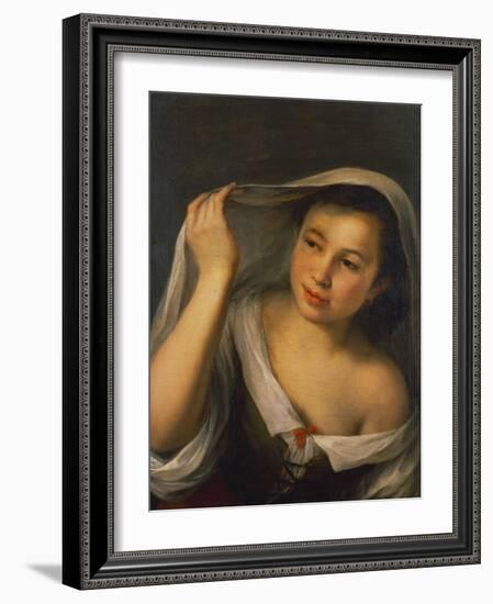 A Young Girl Raising Her Veil Half Length Wearing a Green, Laced Bodice over a White Shirt-Bartolome Esteban Murillo-Framed Giclee Print