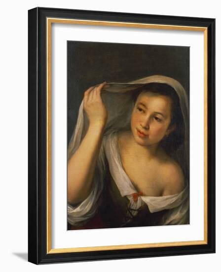 A Young Girl Raising Her Veil Half Length Wearing a Green, Laced Bodice over a White Shirt-Bartolome Esteban Murillo-Framed Giclee Print