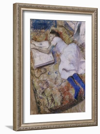 A Young Girl Stretched Out and Looking at an Album-Edgar Degas-Framed Giclee Print