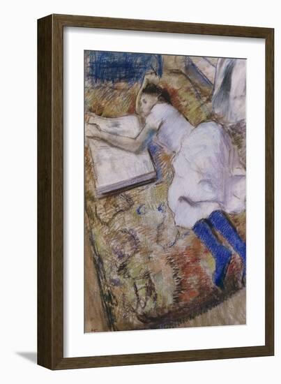 A Young Girl Stretched Out and Looking at an Album-Edgar Degas-Framed Giclee Print