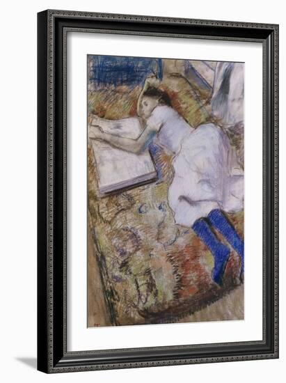 A Young Girl Stretched Out and Looking at an Album-Edgar Degas-Framed Giclee Print
