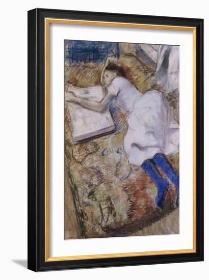 A Young Girl Stretched Out and Looking at an Album-Edgar Degas-Framed Giclee Print