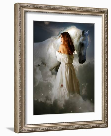 A Young Girl Wearing a White Dress Standing Beside a Horse under the Moonlight-Lynne Davies-Framed Photographic Print