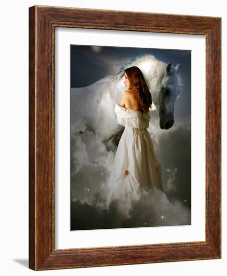 A Young Girl Wearing a White Dress Standing Beside a Horse under the Moonlight-Lynne Davies-Framed Photographic Print