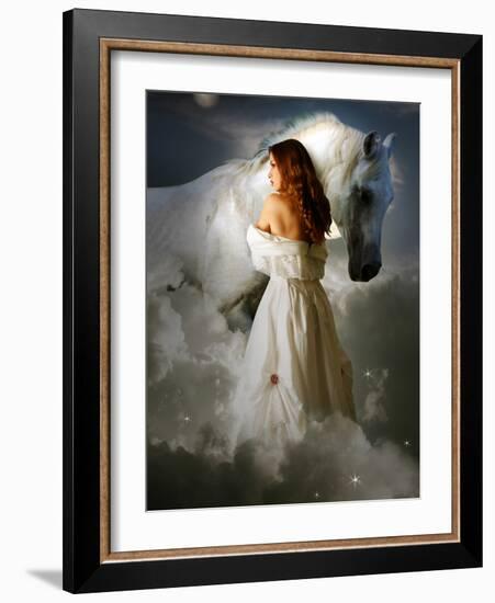 A Young Girl Wearing a White Dress Standing Beside a Horse under the Moonlight-Lynne Davies-Framed Photographic Print