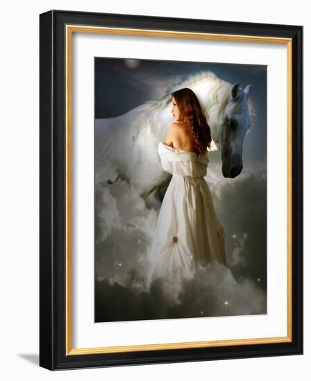 A Young Girl Wearing a White Dress Standing Beside a Horse under the Moonlight-Lynne Davies-Framed Photographic Print