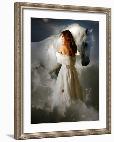 A Young Girl Wearing a White Dress Standing Beside a Horse under the Moonlight-Lynne Davies-Framed Photographic Print