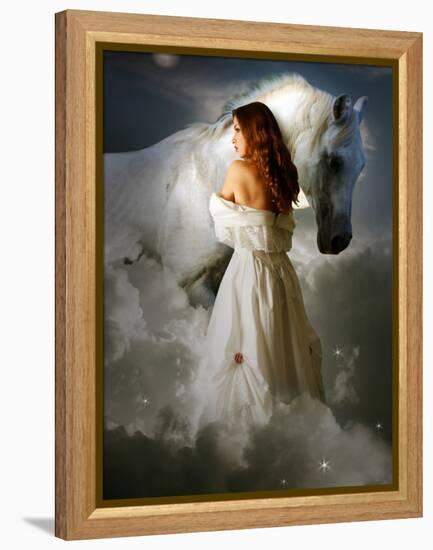 A Young Girl Wearing a White Dress Standing Beside a Horse under the Moonlight-Lynne Davies-Framed Premier Image Canvas