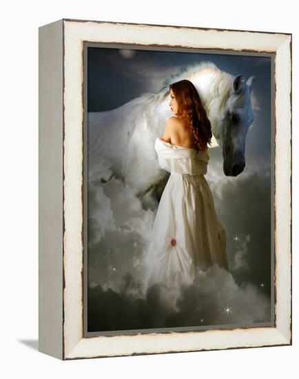 A Young Girl Wearing a White Dress Standing Beside a Horse under the Moonlight-Lynne Davies-Framed Premier Image Canvas