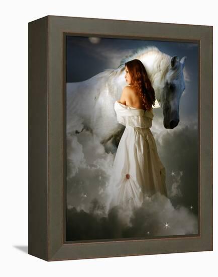 A Young Girl Wearing a White Dress Standing Beside a Horse under the Moonlight-Lynne Davies-Framed Premier Image Canvas