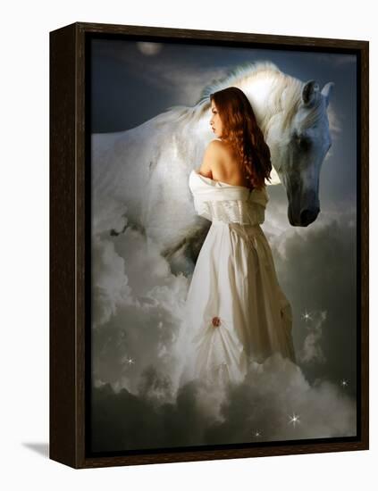 A Young Girl Wearing a White Dress Standing Beside a Horse under the Moonlight-Lynne Davies-Framed Premier Image Canvas