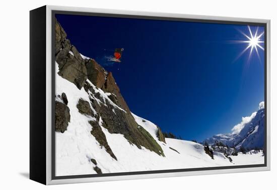 A Young Male Skier Drops Huge Air in the Mount Baker Backcountry on Mount Herman-Jay Goodrich-Framed Premier Image Canvas