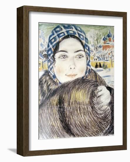 A Young Merchant's Wife in a Checkered Scarf Par Kustodiev, Boris Michaylovich (1878-1927), 1919 --Boris Mikhailovich Kustodiev-Framed Giclee Print