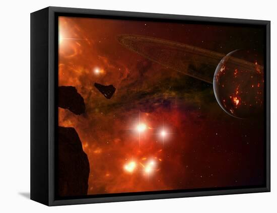 A Young Ringed Planet with Glowing Lava and Asteroids in the Foreground-Stocktrek Images-Framed Premier Image Canvas