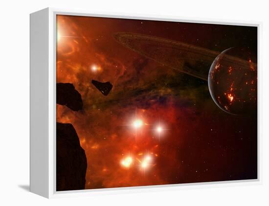 A Young Ringed Planet with Glowing Lava and Asteroids in the Foreground-Stocktrek Images-Framed Premier Image Canvas