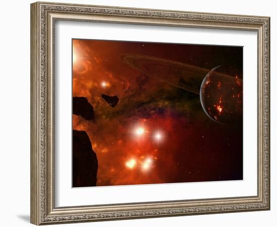 A Young Ringed Planet with Glowing Lava and Asteroids in the Foreground-Stocktrek Images-Framed Photographic Print