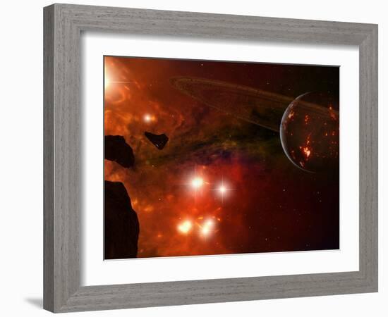 A Young Ringed Planet with Glowing Lava and Asteroids in the Foreground-Stocktrek Images-Framed Photographic Print