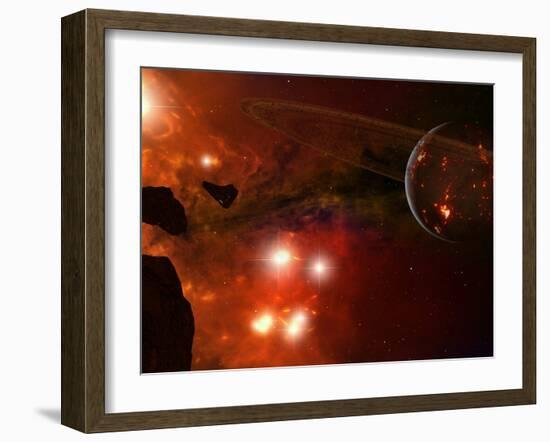 A Young Ringed Planet with Glowing Lava and Asteroids in the Foreground-Stocktrek Images-Framed Photographic Print