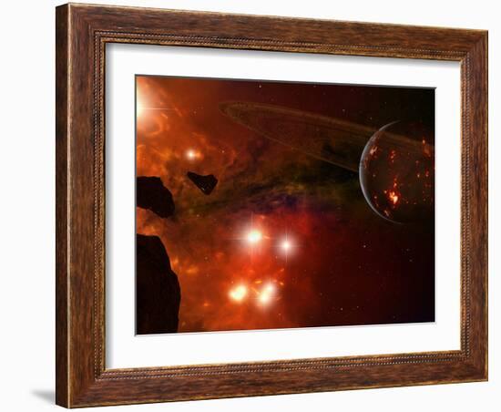 A Young Ringed Planet with Glowing Lava and Asteroids in the Foreground-Stocktrek Images-Framed Photographic Print