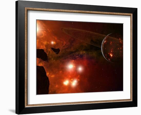 A Young Ringed Planet with Glowing Lava and Asteroids in the Foreground-Stocktrek Images-Framed Photographic Print