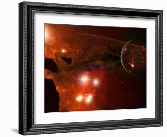 A Young Ringed Planet with Glowing Lava and Asteroids in the Foreground-Stocktrek Images-Framed Photographic Print