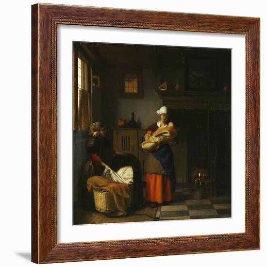 A Young Woman and a Girl Putting a Baby to Bed in a Cradle in an Interior-Pieter de Hooch-Framed Giclee Print