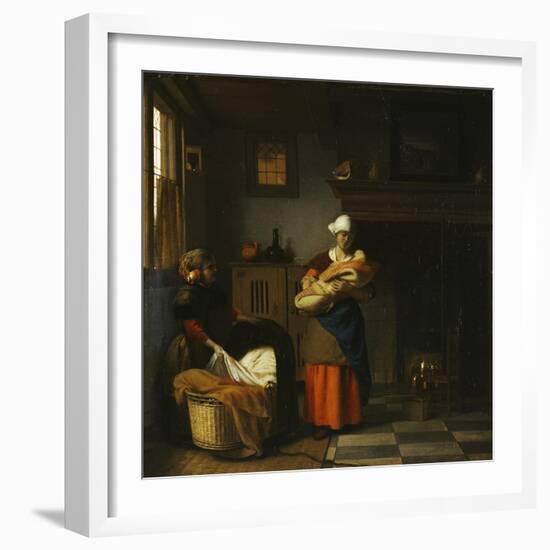 A Young Woman and a Girl Putting a Baby to Bed in a Cradle in an Interior-Pieter de Hooch-Framed Giclee Print