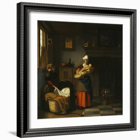 A Young Woman and a Girl Putting a Baby to Bed in a Cradle in an Interior-Pieter de Hooch-Framed Giclee Print