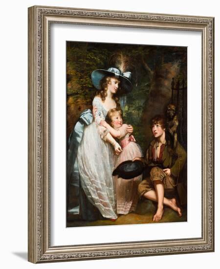 A Young Woman and Girl Offering Charity to a Kneeling Beggar Boy with a Monkey on His Shoulder (Oil-James Northcote-Framed Giclee Print