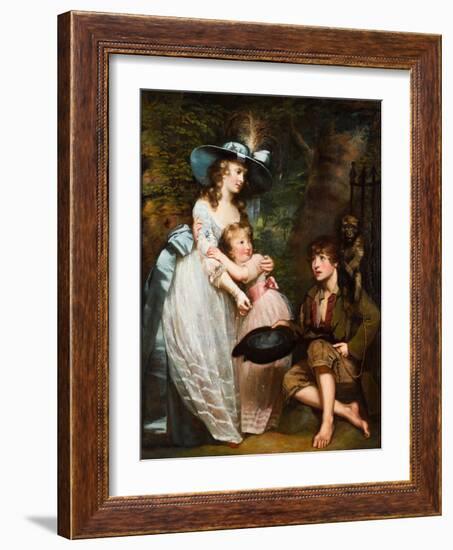 A Young Woman and Girl Offering Charity to a Kneeling Beggar Boy with a Monkey on His Shoulder (Oil-James Northcote-Framed Giclee Print